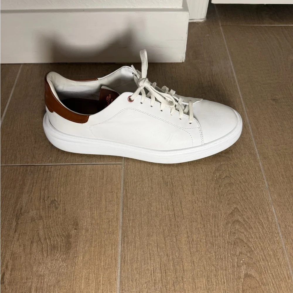 White Leather Low-Top Sneakers with Brown Leather Accents - Picture 5 of 11